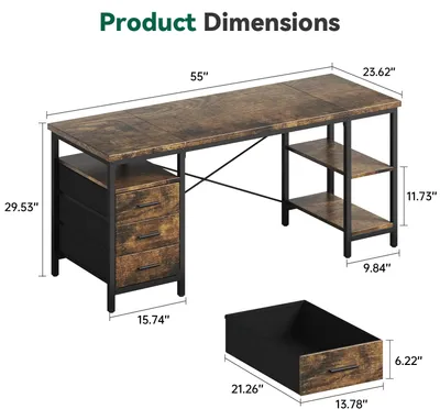 Image de Bureau informatique - Bureau de jeu - 140 x 60 x 75 cm - 3 tiroirs en tissu - 3 étagères - Marron - À assembler