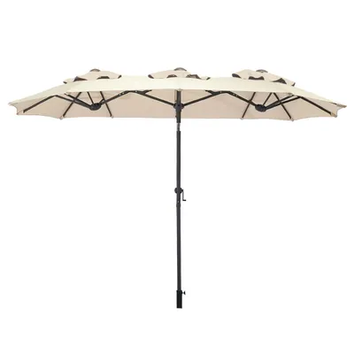 A large, beige, multi-sectioned patio umbrella with a black pole and frame, shown against a white background.