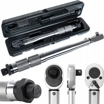 Multiple views of a torque wrench and its case are shown against a white background.