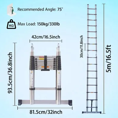 Produktbild von Teleskopleiter - A-Form Bockleiter - Höhe 2,5 m - Edelstahl & ABS - Belastbarkeit 150 kg - Breite 46 cm - Sprossenabstand 30 cm - EN131