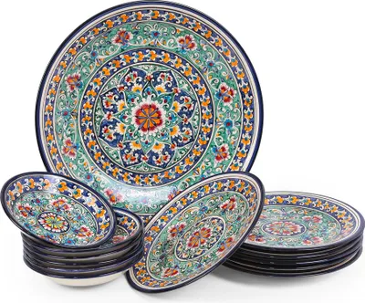 Produktbild von Plow-Geschirrset – KaraKalam KSV1 – R1 – Rischtan Keramik, 13-teilig Glasur Teller Handarbeit Oriental Usbekische