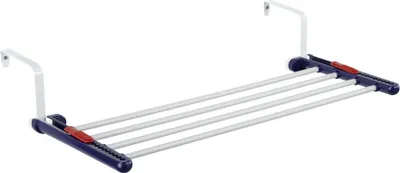 A white drying rack with blue and red accents, designed to hang over a door or railing.