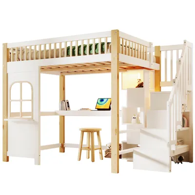 Produktbild von Hochbett mit Schreibtisch und LED-Beleuchtung (140x200 cm, USB, Steckdosen und Regal) Kinderbett mit Rausfallschutz, Kiefer