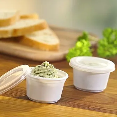 Produktbild von 50 tradingbay24 Portionsbecher mit Deckel, PP 30 ml Ø 46 mm, 28 mm weiss tbU95267 Kräuterbutterbecher to Go