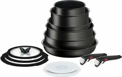 A set of black cookware with detachable handles and a glass lid, arranged on a white background.