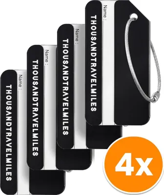 Produktbild von Aluminium Kofferanhänger Set 4 Stück – Gepäckanhänger mit Adressschild für Reisegepäck – Schwarz – kompakt und wiederverwendbar – Thousandtravelmiles