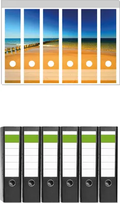 Produktbild von Wallario 6 Stück breite Ordner inkl. Klebeetiketten mit Motive Sandstrand in orange - Blaues Meer - Blauer Himmel -  Set mit Rückenschildern / Ordnerrücken Stickern