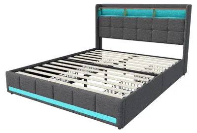 Produktbild von Bett mit Stauraum - Polsterbett Doppelbett 140×200 cm - 4 Schubladen - LED-Beleuchtung - Kopfteil mit Ablage und USB-Ladeanschluss - Grau