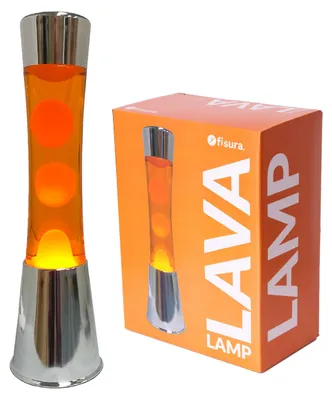 Produktbild von FISURA - Lavalampe orange. Silberner Chromsockel, orangefarbene Flüssigkeit und