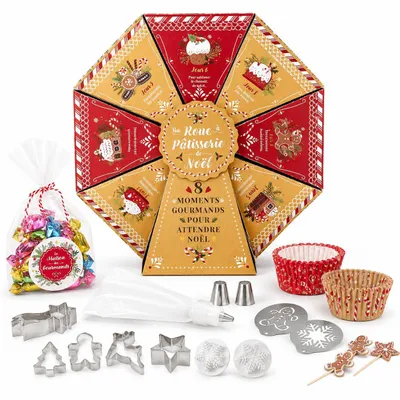 Image de Calendrier de l'Avent pâtissier avec 8 surprises de pâtisserie – Roue de cadeaux comprenant des accessoires de pâtisserie, un sac à douille et des douilles – Cadeau de Noël – Beige