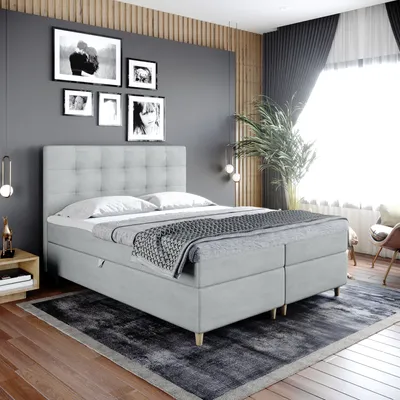 Produktbild von Boxspringbett Doppelbett DANTE   140x200cm Bett mit Bonellmatratze, mit Bettkasten f r Bettw sche und Topper. EIN Bett mit einem klassischen, konturierten Kopfteil (grau, 140x200)
