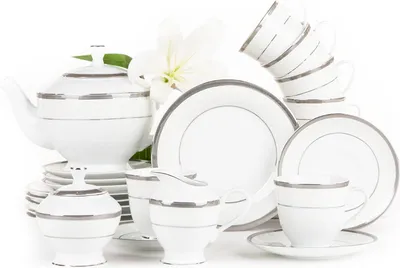 Obrázek produktu pro Čajový servis Konsimo pro 6 osob (15dílný) "GEOS PLATIN", bílý, porcelán, Classic, 15,5 cm / 220 ml / 21 cm / 1,3 l / 220 ml / 220 ml