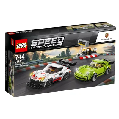 The image shows the packaging of a LEGO Speed Champions set featuring two Porsche race cars on a track.