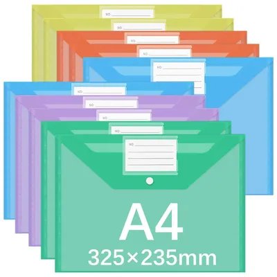 Immagine prodotto di Cartelle portadocumenti A4, impilabili, confezione da 10 pezzi, in plastica, con chiusura a strappo e tasche per etichette, disponibili in 5 colori