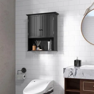 Immagine prodotto di Mobiletti da bagno - Neri - Da montare a parete - Ripiano regolabile - Legno - Armadietto per medicinali