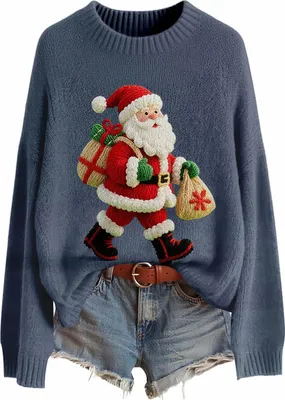 Produktbild von ASKSA Damen Weihnachtspullover,Strickpullover Rundhals Pulli Sweater Herbst Winter Warm Strickpulli Weihnachtspulli (B-Blau,M)