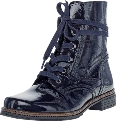 A single blue patent leather boot with laces, shown from a three-quarter angle against a white background.
