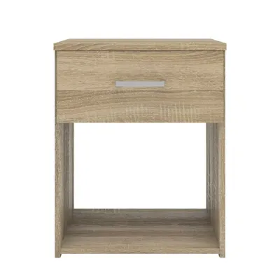 A front view of a wooden nightstand with one drawer and one open shelf, isolated on a white background.