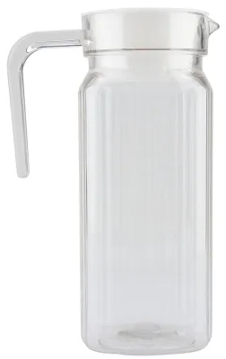Productafbeelding van 800 ml transparante sapfles van acryl met strepen, een ijskoud kan met deksel, ideaal voor de thuisbar