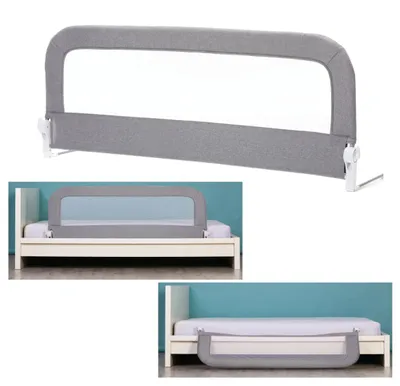 A collage of images showing a grey bed rail for a child's bed, including a close-up of the product and two images of it installed on a bed.