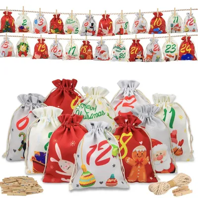 Zdjęcie produktu dla Kalendarz adwentowy do samodzielnego wypełnienia, materiałowy, 24 kieszonki, torby, dekoracja świąteczna, DIY, czerwony, beżowy, szary, 18x13 cm
