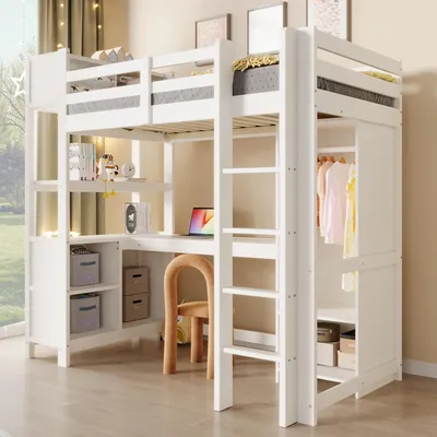 Produktbild von Merax Etagenbett Hochbett 90x200 cm, Kinderbett mit Schreibtisch, Regalen, Kleiderschrank, Ablagefächern, Stauraum, Jugendbett, Stockbett, Weiß
