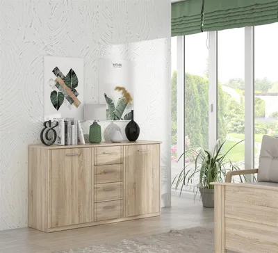 Produktbild von Sideboard >GLORIA< in Sonoma Eiche Nachbildung, 2 Türen, 4 Schubladen - 147x84,3x41cm (BxHxT)