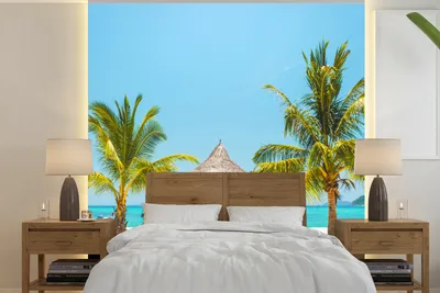 Obrázok produktu pre MuchoWow® Fototapety pre obývaciu izbu alebo spálňu tapety vinylové motív tapety Pláž s palmami a plážovými lehátkami 220x220cm