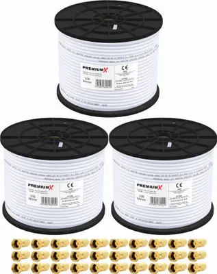 Produktbild von PremiumX 3x 100m BASIC Koaxialkabel 135dB 4-fach SAT Koax Kabel 30x F-Stecker