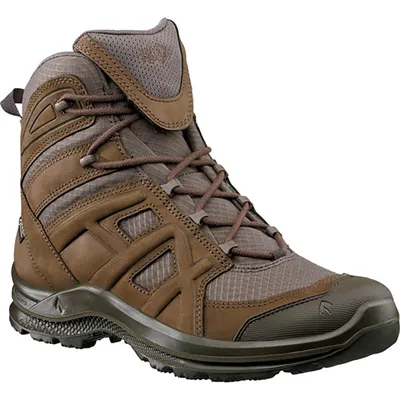 A single brown and gray hiking boot is shown against a white background.