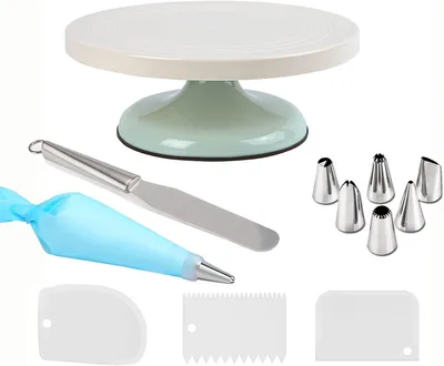 Produktbild von Tortenteller 10 Zoll, 3 Teigschaber, Spritzbeutel Set, Spatel und Spritzbeutel, hellgrün für Tortendeko