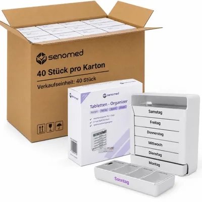 Produktbild von Senomed Tablettenbox 7 Tage – Medikamentenbox & Pillendose mit 4 Fächern pro Tag (morgens, mittags, abends, nachts), Wochendosierer weiß – 40er Pack