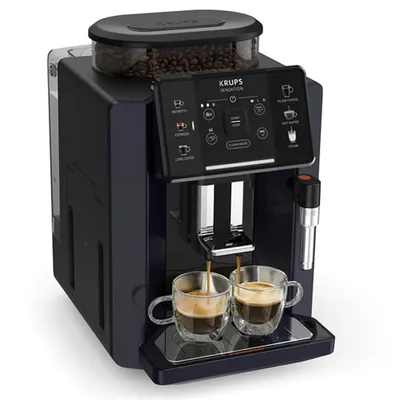 A dark blue Krups Sensation coffee machine is shown from the front, with two cups of coffee being dispensed.