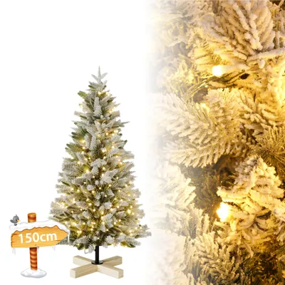 Obrázok produktu pre LARS360 Umelý vianočný stromček, výška 150 cm, s dreveným stojanom a LED osvetlením, typ D, s efektom snehu, vyrobený z PVC a PE, 8 režimov osvetlenia, teplá biela