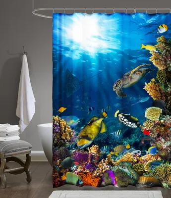 Produktbild von Digitaldruck Textil Duschvorhang AQUARIUM 120x200 cm SEA LIFE Wannenvorhang inkl. Ringe