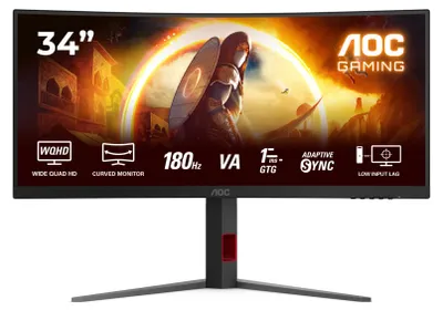 Produktbild von AOC G4 CU34G4, 86,4 cm (34"), 3440 x 1440 Pixel, Wide Quad HD, LED, 1 ms, Schwarz, Rot