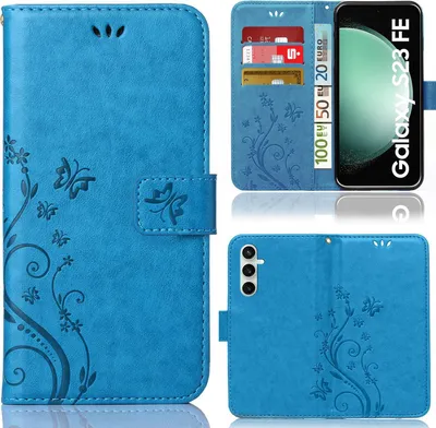 Produktbild von Handy Tasche für Samsung Galaxy S23 FE Schutz Hülle Handyhülle mit Blumenmuster Klapp Hülle mit Standfunktion und Kartenfächer Blau