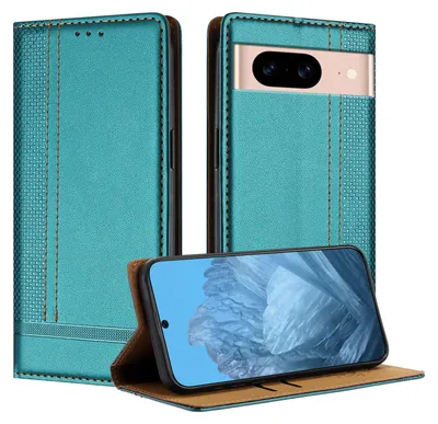 A teal flip case for a Google Pixel 8A phone is shown in multiple configurations, including closed, open with the phone inside, and open with the phone standing up.