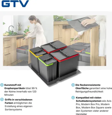 Produktbild von Abfallsammler Set 2x 15L 2x 7L GTV AxiSpace Anthrazit Kunststoff für Schubladen