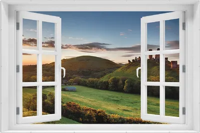 Produktbild von Wallario Wandbild mit Fenster-Illusion: Schlosspanorama in England bei Sonnenaufgang, Größe: 61 x 91,5 cm, Poster mit rahmenlosen Bildhalter