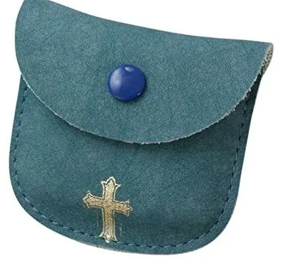Skai-Velours Etui mit Kreuz, türkis, 6,5 x 5,5 cm