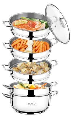 Produktbild von BEM Dampfkocher: 6-tlg Set aus Edelstahl 18/10, Ø 26 cm, Mantowarka Dampfgarer Topf mit Glasdeckel und Dampfeinsatz, für Induktionsherd geeignet
