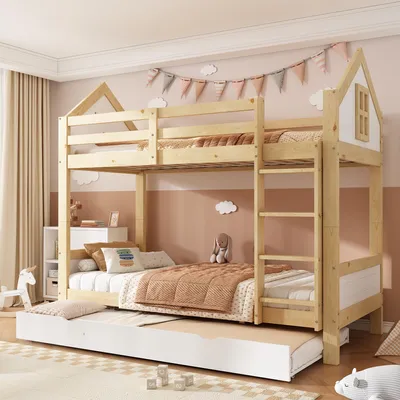 Productafbeelding van Kinderekkerbed 90x200 cm met uitschuifbed 90x190 cm, 3 slaapplekken, huisontwerp met raam, beschermingsreling en ladder, wit, naturel