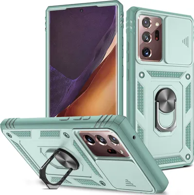 A mint green phone case with a sliding camera cover and a ring holder is displayed from multiple angles.