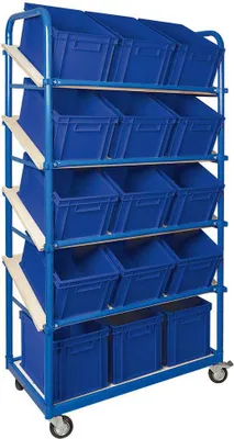 Produktbild von Schrägboden-Regalwagen mit 5 Ebenen, bestückt mit 15 Euroboxen 400x300x235 mm blau
