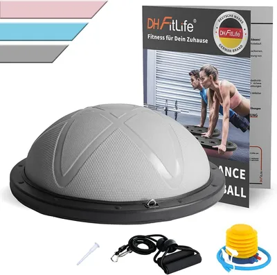Zdjęcie produktu dla DH FitLife Balance Ball, trenażer równowagi do jogi Φ60 * 22 cm do 200 KG nośności, półpiłka gimnastyczna, deska do balansowania z pompką i 2 opaski fitness
