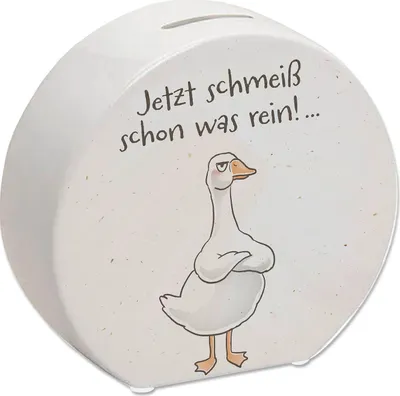 Produktbild von Gilbert die Gans Spardose mit Spruch Jetzt schmeiß schon was rein
