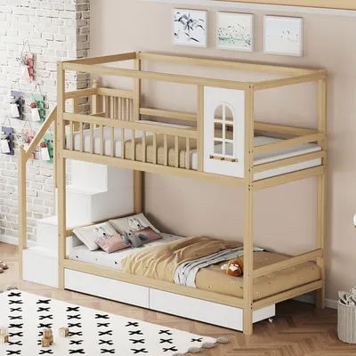 Image de OKWISH Lit Superposé 90x200 cm – Bois Massif avec Tiroirs – Sans Matelas – Naturel