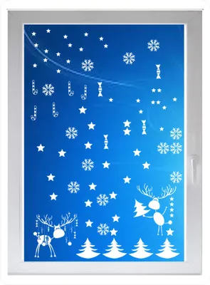 Produktbild von INDIGOS UG - Wohnzimmer Rentier Tannebäume Sterne - Farbe: weiss - 96x54 cm - Sichtschutzfolie - Fensterfolie - Glasdekorfolie - für die Küche, Wohnzimmer Rentier Tannebäume Sterne ans Fenster
