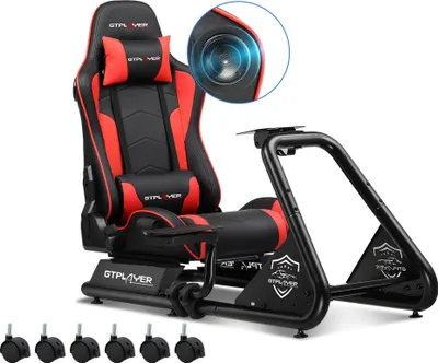 A gaming chair and racing wheel stand setup.